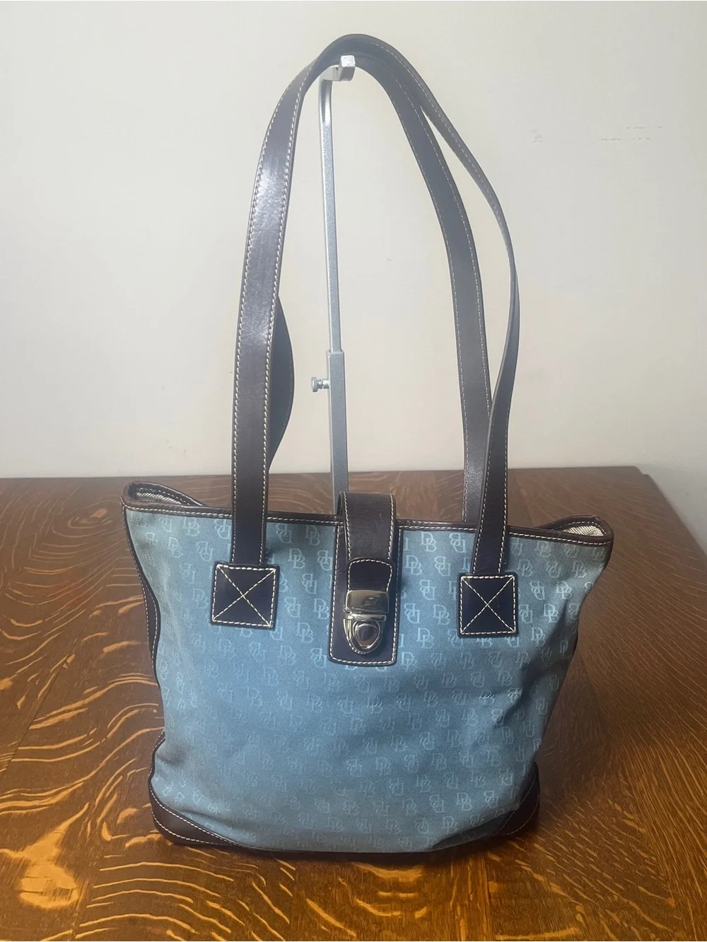 Dooney & Bourke Blue Logo Canvas Tote with Dark Brown Leather Trim Y2K Purse.
